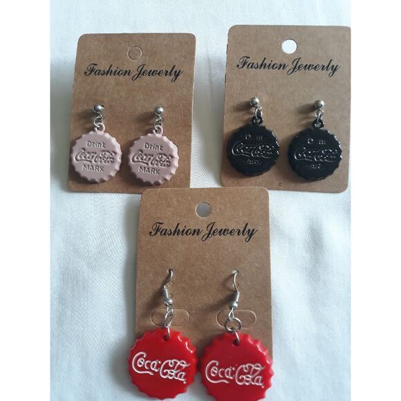 Earrings 3 Pair Lot Bottle Cap Dangle - Picture 1 of 5